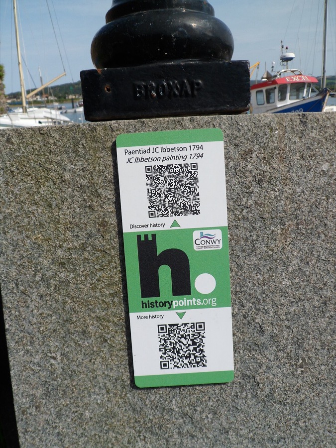 QR code on Conwy street info sign (UK, outdoor)